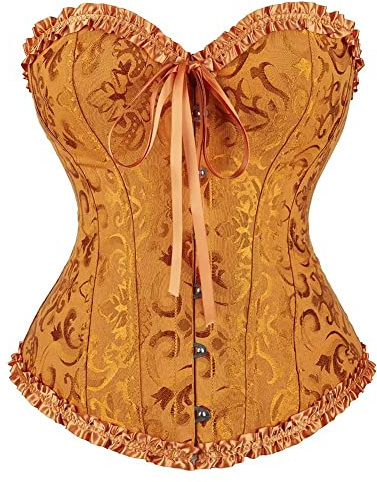 jutrisujo Corset Top Sexy Women Bustier Floral Lace Up Plus Size Costume Satin Burlesque Gold XS