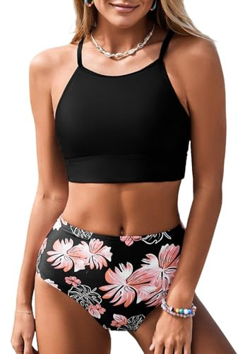 Herseas Women's Black Bikini Sets High Round Neck Tropical Leaf Print High Waisted Two Pieces Swimsuits Crop Padded Top Modest Bottom Bathing Suits Large