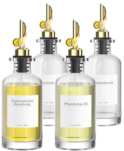 BOLLFO Olivenölspender Flasche für die Küche, Kaffee Sirup Spender, Ölspender, Essig und Ölflaschen Set mit mit gewichteter Tülle und 72 Etiketten, 12.3oz 350ml, 4er-Set.