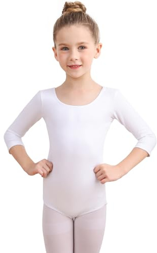 Soudittur Body Danza Classica per Bambine e Donne Cotone Body Ginnastica Artistica Costumi per Balletto Body 3/4 Maniche Lunghe (120, Bianco)