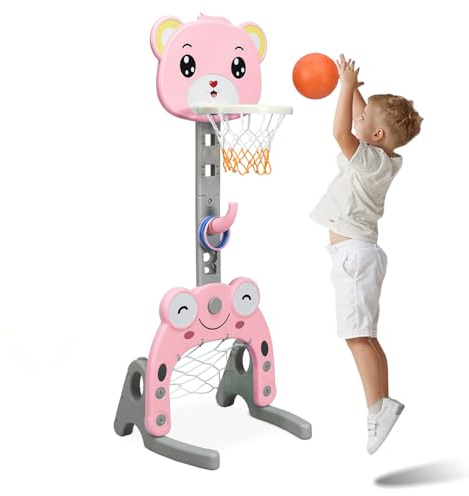 GOPLUS 3 en 1 Panier de Basketball avec But de Football et Jeu d’Anneaux pour Enfants 1-6 Ans avec 5 Positions Réglables 88-128CM, Ballon de Basket et de Foot, Anneaux Inclus (Rose)