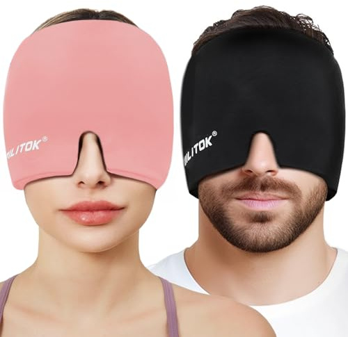 EXQUISLIFE Cuffia in gel per alleviare l'emicrania, per terapia del caldo e del freddo, maschera per occhi sinusali, occhi gonfi, tensione e stress (nero e rosa)
