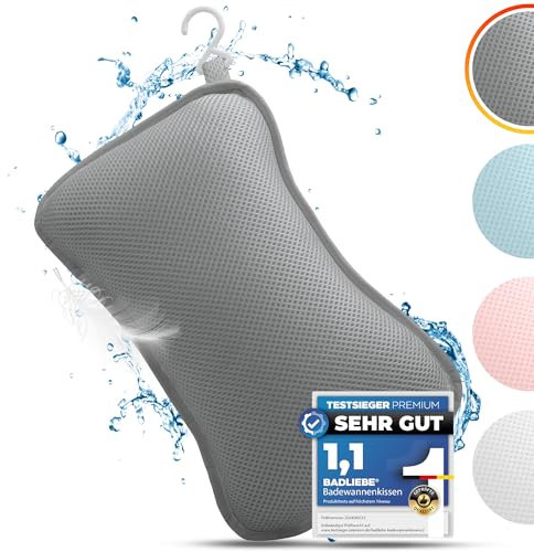 BadLiebe Badewannenkissen Grau – [GEPRÜFTE QUALITÄT] - inkl. 4 extra starken Saugnäpfen – Badekissen mit ergonomischer Passform für Nacken und Rücken – Premium Nackenkissen [INKL. integriertem Haken]