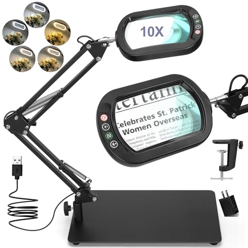 Drdefi 10X Square Magnifying Glass with Light and Stand, Real Glass LED Lighted Magnifier, 5 Color Modes Stepless Dimmable, Hands-Free Mag Desk Lamp with Clamp for Reading Craft Hobby Close Work Black