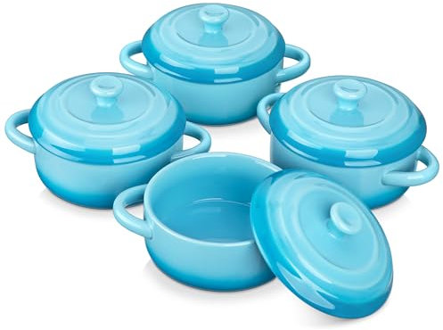 LOVECASA Set di 4 Mini Cocotte da 400 ml, Mini Casseruole in Porcellana con Coperchio, Ciotole da zuppa con Manici, Pirottini Monoporzioni, Adatti per Forno, Microonde e Lavastoviglie, Azzuro Graduale