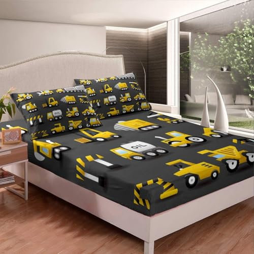 3D Bagger Spannbettlaken 70x140cm, Auto Weiches Mikrofaser Bettlaken für Kinder, Bettlaken Spannbetttuch 70x140 bis 30 cm Matratzenhöhe mit 2 kissenbezüge b6196