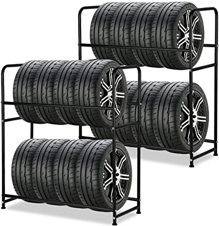 Vkechh 2 scaffali per pneumatici per 8 pneumatici, 107 x 46 x 117 cm, altezza regolabile a 2 strati, capacità di carico 180 kg, con copertura protettiva per pneumatici per garage, cantina, officina
