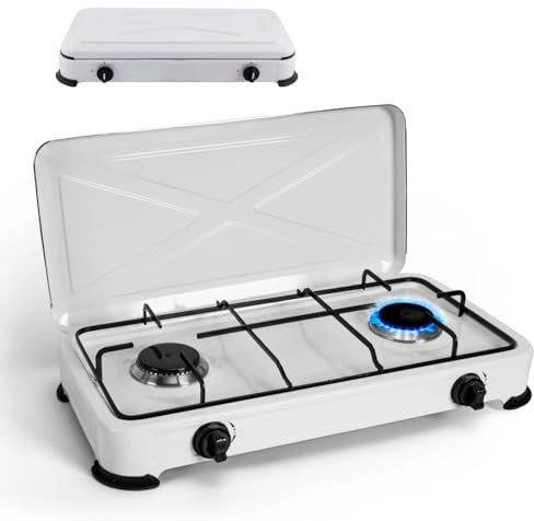Avilia Cuisinière à gaz GPL en acier avec 2 feux et couvercle anti-poussière portable - Idéal pour cuisiner différents plats dans des espaces petits ou en plein air - Pieds antidérapants et flammes