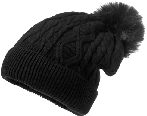 DKDDSSS Gorro de Invierno Con Pompón para Mujer - Beanie Hat, Sombrero de Punto, Gorro Con Vuelta, Cálido, Gorra de Esquí