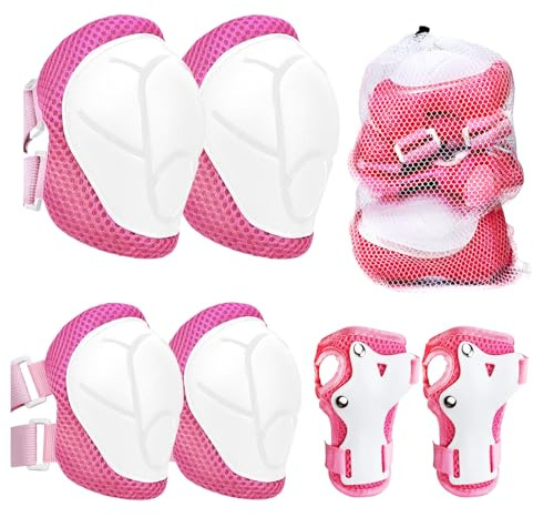Genouillères 6 en 1 pour enfants - Pour garçons et filles - Avec protection du poignet - Pour les tout-petits de 3 à 8 ans - Pour le patinage, le cyclisme et le skateboard (rose blanc)