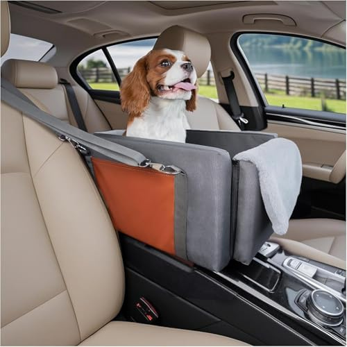 Avont Center Console Dog Car Seat with Double Protection Seat Belts, Armrest Middle Console Booster Travel Carrier for Small Dogs Cats with Storage Pockets, Well-Cushioned, Anti-Anxiety