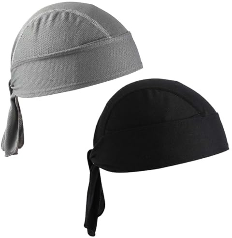 Tomedeks 2-pack Cycling Bandana Cap,Quick Dry Sports Bandana, skull caps for men,Adjustable Pirate Headwear,Sun Protection Running Beanie Bike Motorcycle Headgear Under Helmet Cap,Black, Gray