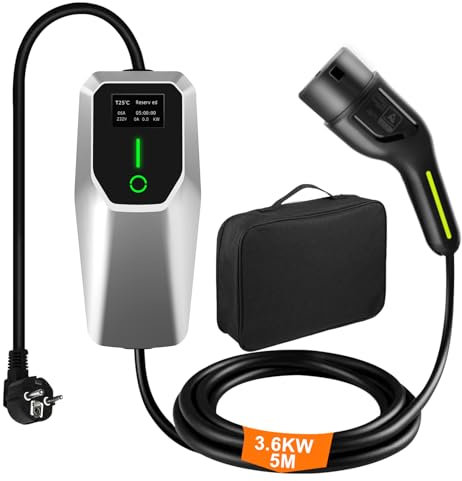 Hexinex Cargador Coche Eléctrico, Cargador EV Tipo 2 de 3.6KW con Corriente Conmutable 8A-16A, con Pantalla, Carga Temporizada, Acepta Voltaje Doméstico 220V,Cable Carga Coche Electrico, 5 Metro