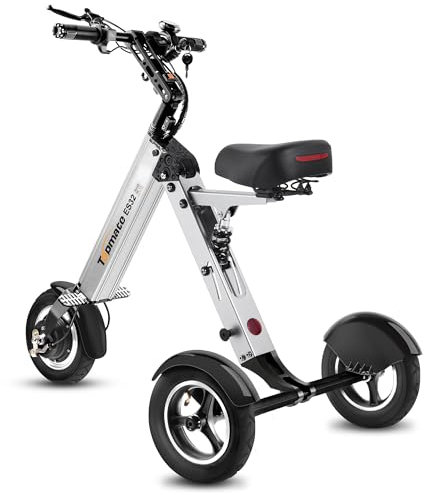 TopMate ES32 Elektro Dreirad für Erwachsene Falten mit Sitz, Dreirad Leichtem Gewichts mit Rückwärtsfunktion und Schlüsselschalter, 10 Zoll Reifen für Pendelverkehr & Reisen