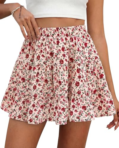 BTFBM Summer Skirts for Women 2026 Floral High Waist Shorts Underneath Boho Tiered Flowy Tennis Skorts Casual Mini Skirt(Floral Apricot Red, Small)