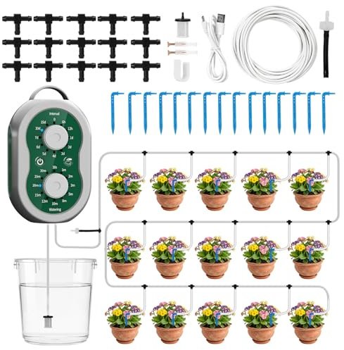 MIAJARD Kit Riego por Goteo Automático Recargable Sistema de Riego por Goteo 132 Modos para 15 Plantas, Sistema de Riego Automático de Plantas para Interior, Balcón, Invernadero, Jardín