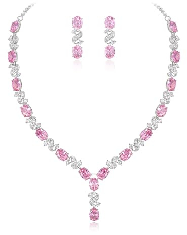 Clearine Parure Délicat Femme Forme-Y Bijoux Mariage Élégant Collier Boucles d'Oreilles Pendant Ensemble Zircon Zirconium Rosé