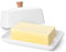 Flexzion Ceramic White European Butter Dish with Lid for Countertop (7 Inch) - Wide 2 Stick Double Butter Holder for Counter, Cream Cheese Container Storage Keeper