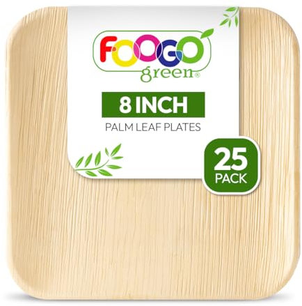 FOOGO Green 25pcs Disposable Palm Leaf Plates, 8(20cm) Medium Square, Eco Friendly Biodegradable Compostable Like Wooden, Bamboo, Paper Plates for Hot Food, Picnic Wedding Parties