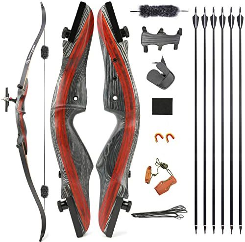 AMEYXGS Takedown Ricurve Bow and Arrow Set 62 pollici Arco da Caccia Tiro con L'arco con Frecce in Carbonio Accessori per Adulti 20-50 lbs Arco Tradizionale in Legno (Tipo 2, 50lbs)