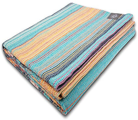 a portuguese loveaffair Craft Story Decke Yara - Tagesdecke aus 100% Baumwolle - Sofadecke, Wohndecke & Baumwolldecke - Türkis Blau Orange Gelb Pastellfarben, ca. 170 x 220 cm