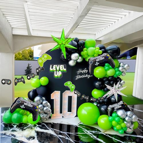 Video game Balloon garland kit 135pcs Green and Black Silver Controller balloon arch Gamer night Decorations For boy birthday gaming on party supplies