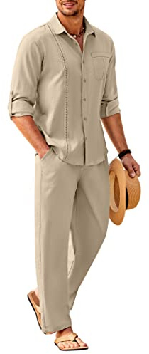 COOFANDY Men's 2 Piece Linen Sets Casual Long Sleeve Button Down Cuban Shirt and Loose Pants Set Beach Vacation Outfits