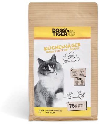 Dogs'n Tiger – “Küchenjäger” Senior Trockenfutter für Katzen mit 75% Fleischanteil – ohne Zucker & Getreide (Huhn und Ente mit Gemüse| 1 x 1,5 kg)