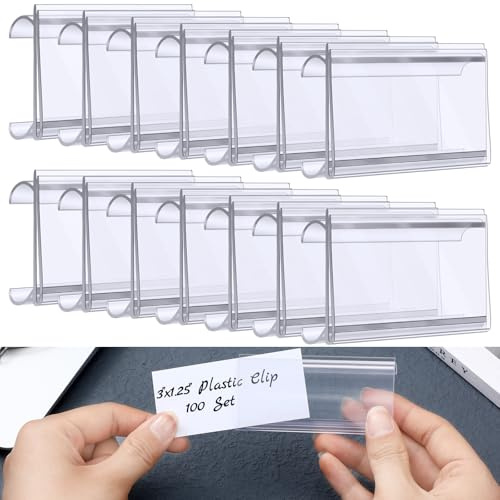 Kathfly 100 Pcs Plastic Wire Shelf Label Holder, Sign and Ticket Holder Clips with Paper Insert Area 3x1.25 Compatible with Metro 1-1/4 Inch Shelves, Label Inserts Included