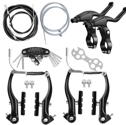 Hmseng 2 Paar Fahrrad Bremsen Set Mit Werkzeug.,with Tools V-Typ Fahrradbremsen Enthalten,mit 2 Stücke Bremskabeln und 4 Stücke Kabel Endkappen für Mountainbike-Black