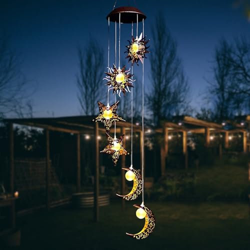 ZVO Solar Windspiele mit Sonne Mond Stern, Solar Windspiel für Draußen Solarleuchten Warme LED Wasserdicht Gartenlampe, Hängeleuchte Garten Deko für Außen Balkon Terrasse Party Baum Geschenke