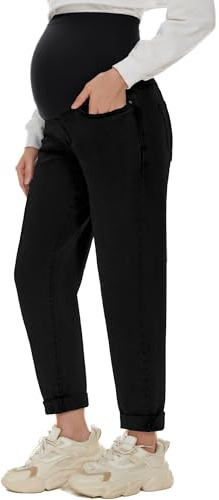 POSHGLAM Jeans de Maternidad para Mujer, cómodos, elásticos, Holgados, para Embarazo, Tallas S-XXL, A07 Negro, Large