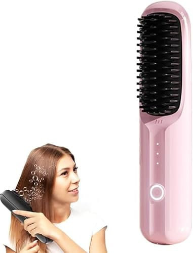 Brusheo Hair Pro, Brusho Hair Pro, 2 en 1 Brosse Lissante pour Cheveux Sans Fil, Fer à Lisser à ions négatifs avec 3 températures, Brosse Lissante Chauffante Céramique pour Femme (Couleur rose)