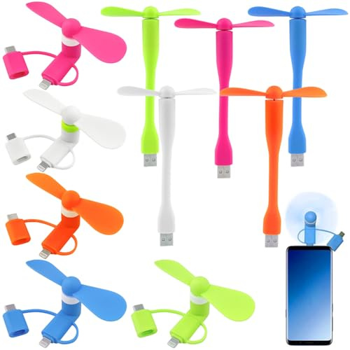 cersaty 5 unidades 3 en 1 mini ventilador para teléfono móvil, 5 V, para i-Phone Type-C y Android, mini ventilador con 5 ventiladores USB (gel de sílice)