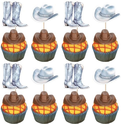 Xsstarmi Paquete de 36 adornos para cupcakes de vaquero, sombrero, bota, magdalenas, decoración de cupcakes de cumpleaños con temática occidental, baby shower, fiesta de cumpleaños, decoración de