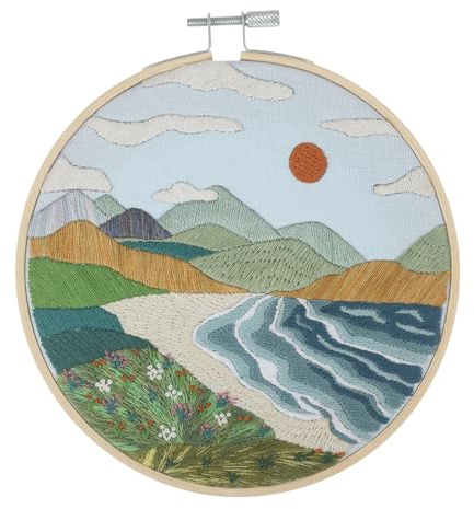 Trimits Embroidery Hoop Kits - 15cm 6” Beginner Starter Set, Includes Bamboo Hoop Threads Cloth Needle Backing & Instructions, Coast