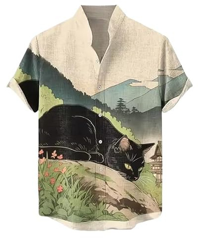 Chemises à Boutons à Manches Courtes pour Hommes Chemise à col Montant imprimé en 3D d'un Animal Chat Ninja Tops d'été décontractés Chemisier d'extérieur
