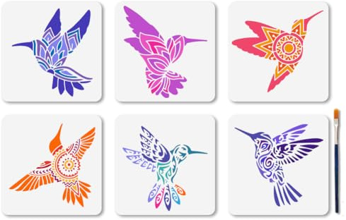 MAYJOYDIY 6 Stück Kolibri Muster Schablone Muster Wiederverwendbar Mandala Blumenschablonen Zum Malen 15×15cm Fliegenden Vögeln Zeichenvorlagen Mit Pinsel Für Holz Wand Zuhause Geschenkdekoration
