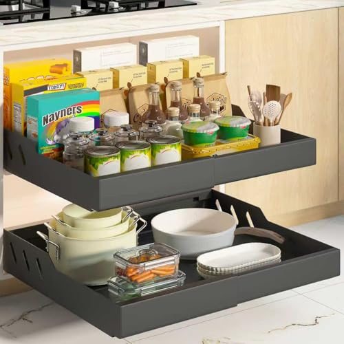 Mointal Lot de 2 Tiroirs Coulissants Cuisine, Tiroir Télescopique Métallique, Largeur 32–53 cm, Organisateur d'Armoire, Montage Ruban/Vis, Noir