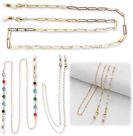 OUDQFCJ 4 cadenas para mujer, sujeción alrededor del cuello, cadena para gafas de sol y lectura, colgador, cordón para mascarilla, collar, cadena, sujeta gafas, metal antideslizante, cuerda ajustable