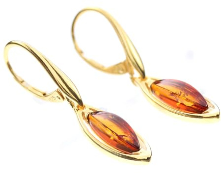 Orecchini in ambra di Artisana, eleganti orecchini moderni con ambra, incastonati in argento sterling 925 rodiato, Länge 3,4 cm, Breite 0,7cm, Argento sterling placcato oro Ambra baltica, Ambra