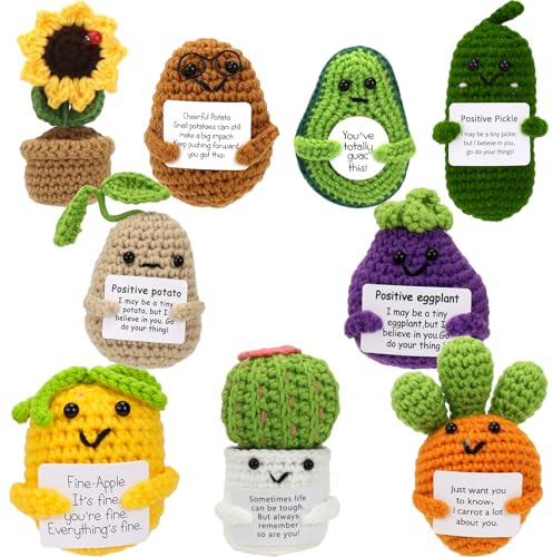 Mini juego de regalo de ganchillo, muñecos de apoyo emocional, 9 piezas lindas divertidas hechas a mano verduras y plantas con tarjetas de confirmación, regalo de cumpleaños para amigos decoración de