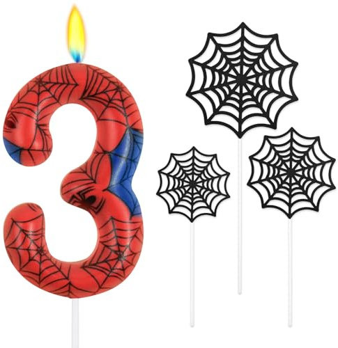 Alaoo Candele di Compleanno, Candele per Candeline Ragno di 3° Compleanno, Candela di Compleanno a Tema Ragno, Decorazione per torta a forma di ragnatela, Adatto a Ragazzi e Ragazze(Rosso-3)