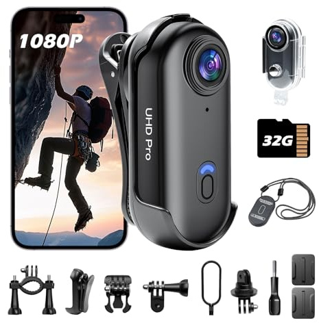 Mini Action Cam, 32GB Mini Telecamera Sportiva Body Cam Telecamera,HD 1080P Fotocamera Subacquea 30M, 120° Videocamera Sportiva WiFi per Pollici Bici Moto Casco Sci Surf con Accesorios Multiples