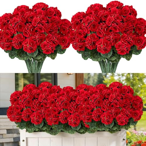 6 Ramos Geranios Artificiales Exterior Rojos,Flores Artificiales Decoracion