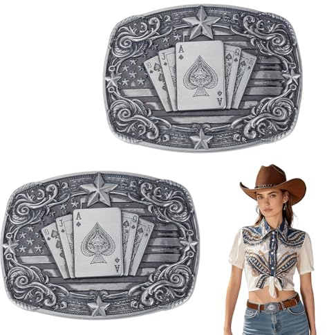 nbeads 2 st Western bältesspänne för män, 89 x 67 mm cowboy bältesspänne västerländsk design spelkort bältesspänne för herrarbete, rodeo, utomhusaktiviteter, Antiksilver, 89x67mm