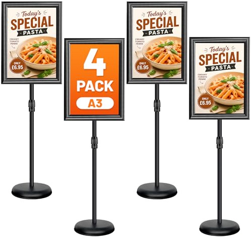 Lot de 4 Porte Affiche A3 sur Pied Réglable – Support d’Affichage & Panneau Signalétique Extérieur, Présentoir avec Cadre Clipsable – Support d’Information pour Restaurant, Commerce, Bureau – Noir