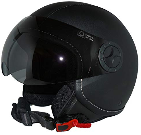protectWEAR Jet hjälm motorcykelhjälm H710 med syntetiskt läderfodral i pilotdesign, svart, storlek M