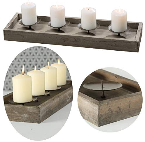 LS-LebenStil Kerzenschale Holz 53cm Grau Braun Stumpenkerze Kerzenständer Kerzenleiste Adventskerzen Kerzen-Tablett Weihnachten Advent Winter Tisch Dekoration Adventskranz Kerzenhalter