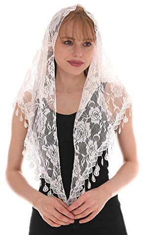 LMVERNA Mass Veil katholische Kirche, Mantilla, Kapelle, Spitzenschal oder Schal, lateinische Masse, Kopfbedeckung mit praktischer Aufbewahrungstasche (Weiß)